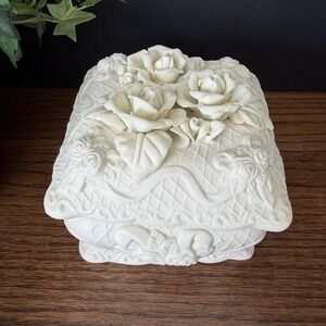 Larege VTG Bisque Porcelain Rose Trinket Box Matte White Floral Jewelry Case